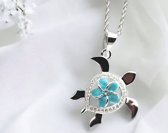 Natural Turquoise Stone Sea Turtle Necklace, Plumeria Necklace, HawaiianJewelry, Beach Gifts, 925 Sterling Silver