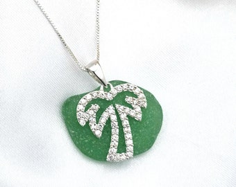 Genuine Sea Glass Necklace, Florida Jewelry, Beach Gifts, Mothers Day Jewelry, Palm Tree Necklace, 925 Sterling Silver Jewelry