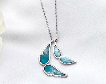 Larimar Necklace, Angel Wing Necklace, Beach Jewelry, 925 sterling silver
