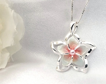 Plumeria Necklace, Summer Jewelry, Hawaiian Jewelry, Flower Pendant, Mothers Day Gift, 925 sterling silver