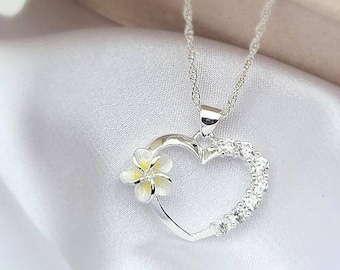Sterling Silver Heart Necklace: Yellow Plumeria Flower, Cubic Zirconia