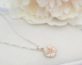 Sterling Silver Hibiscus Flower Necklace, Mothers Day Jewelry Gift, 925 Sterling Silver