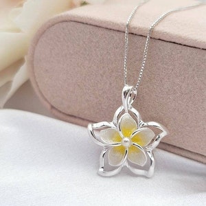 Plumeria Necklace, Flower Pendant, Hawaiian Jewelry, Beach Wedding Necklace, 925 Sterling Silver