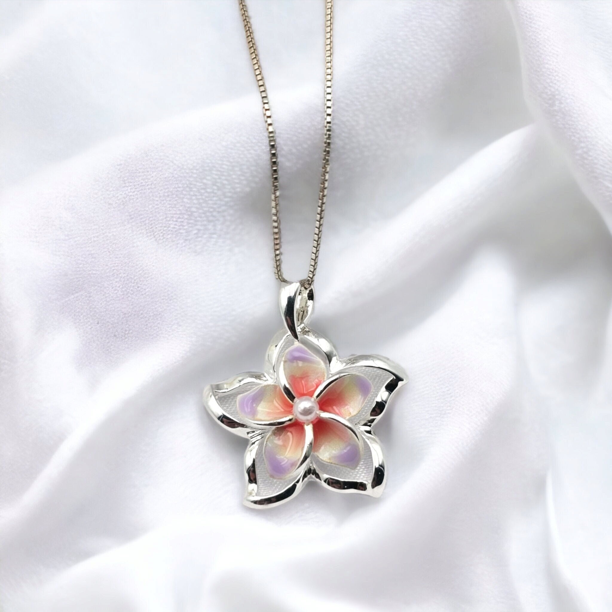 Plumeria Necklace, Hawaiian Jewelry, Hawaiian Necklace, Flower Pendant, 925 sterling silver - Thumbnail 3