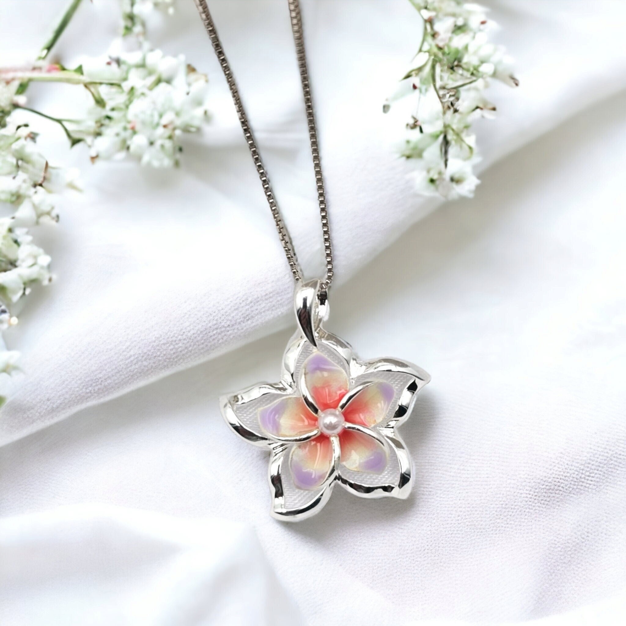 Plumeria Necklace, Hawaiian Jewelry, Hawaiian Necklace, Flower Pendant, 925 sterling silver