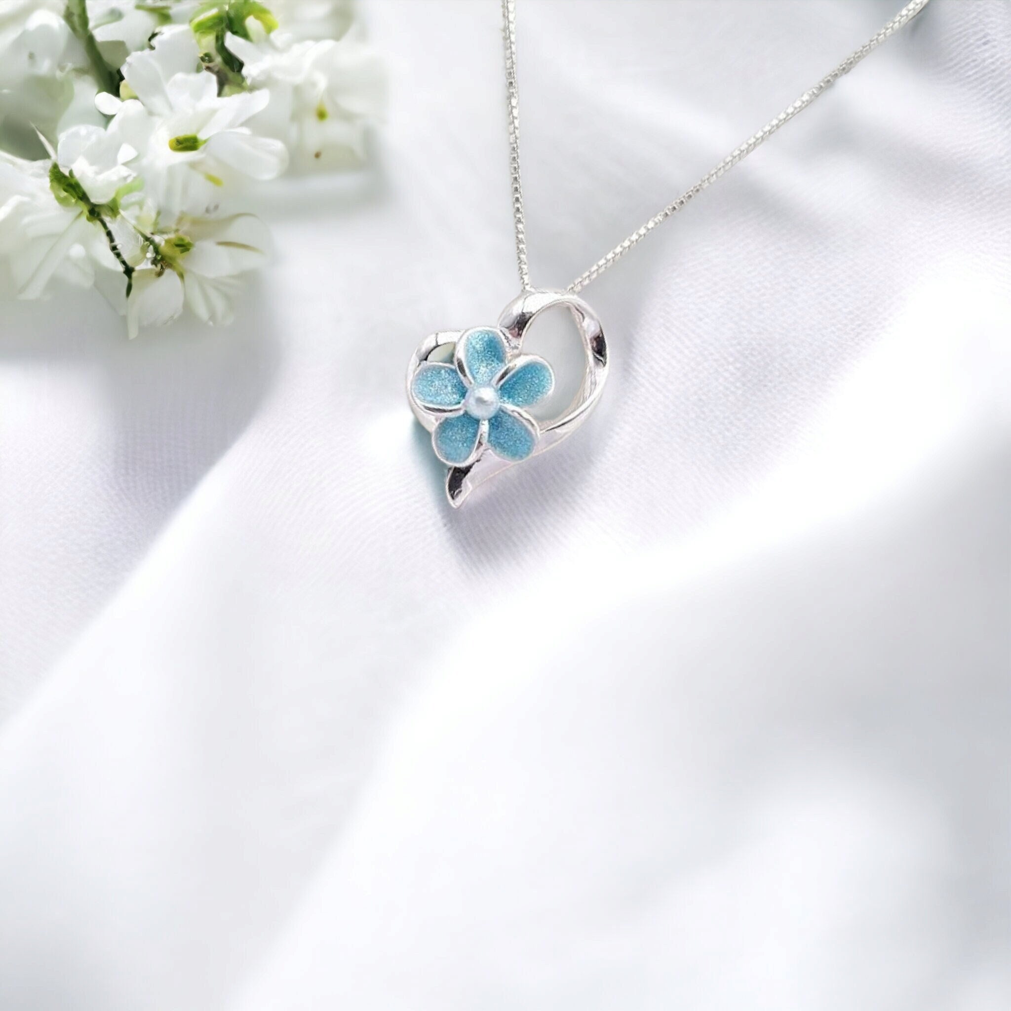 Heart Necklace, Plumeria Necklace, Summer Jewelry, Beach Wedding, Flower Jewelry, Love Jewelry, 925 Sterling Silver