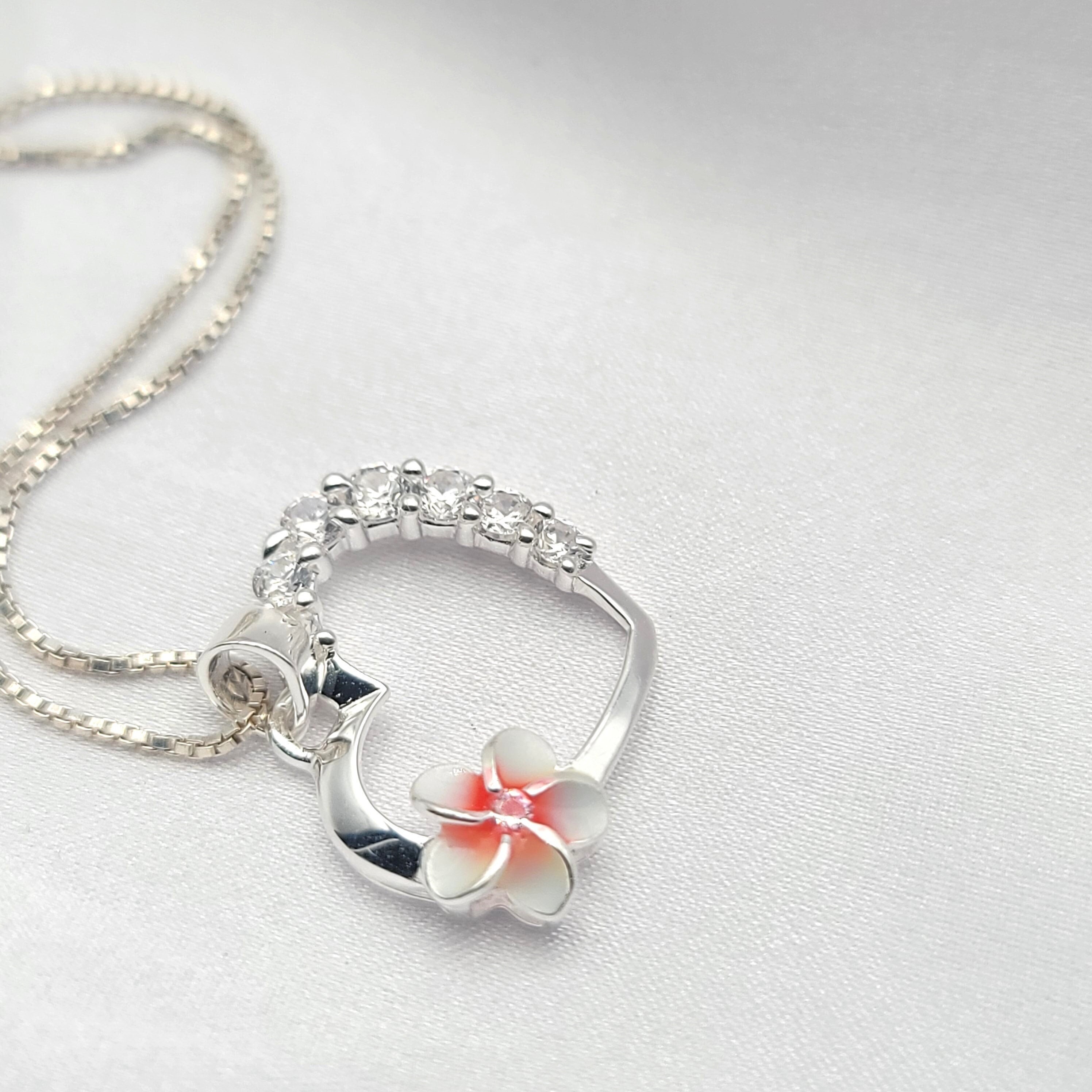 Hawaiian Flower Necklace, Plumeria Necklace, Heart Necklace, Mothers Day Jewelry Gift, Mom Gift, Hawaiian Jewelry, 925 sterling silver - Image 1