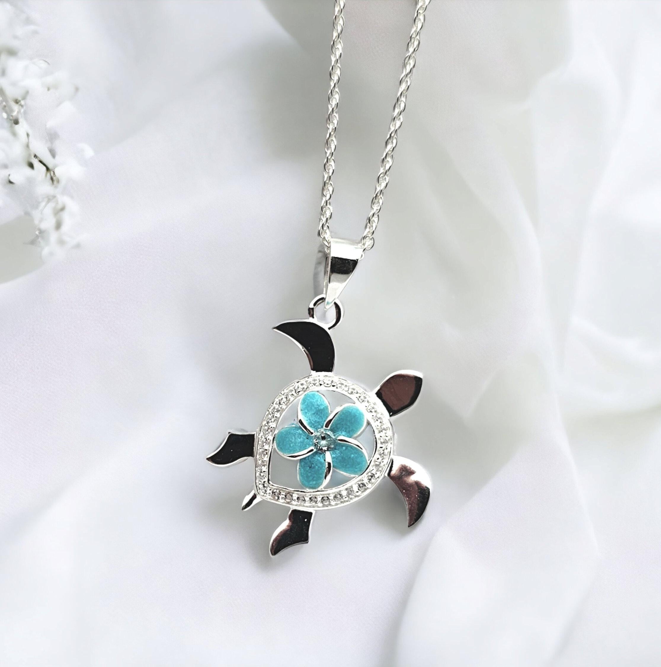 Turquoise Necklace, Sea Turtle Necklace, Flower Jewelry, 925 Sterling Silver - Image 1