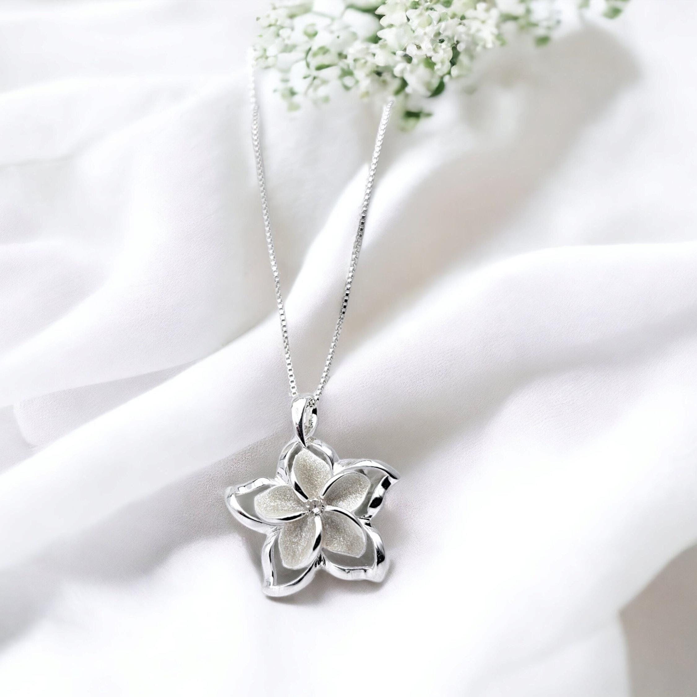 Plumeria Necklace, Hawaiian Jewelry, Summer Jewelry, Flower Pendant, 925 sterling silver
