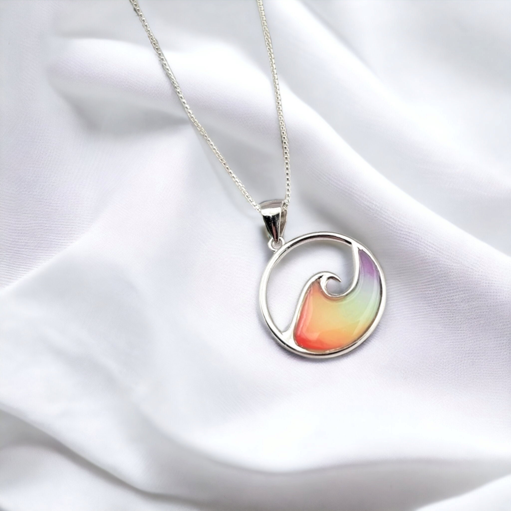 Ocean Wave Necklace,  Rainbow Wave Necklace, Beach Gifts, Hawaiian Jewelry, 925 Sterling SIlver - Image 1