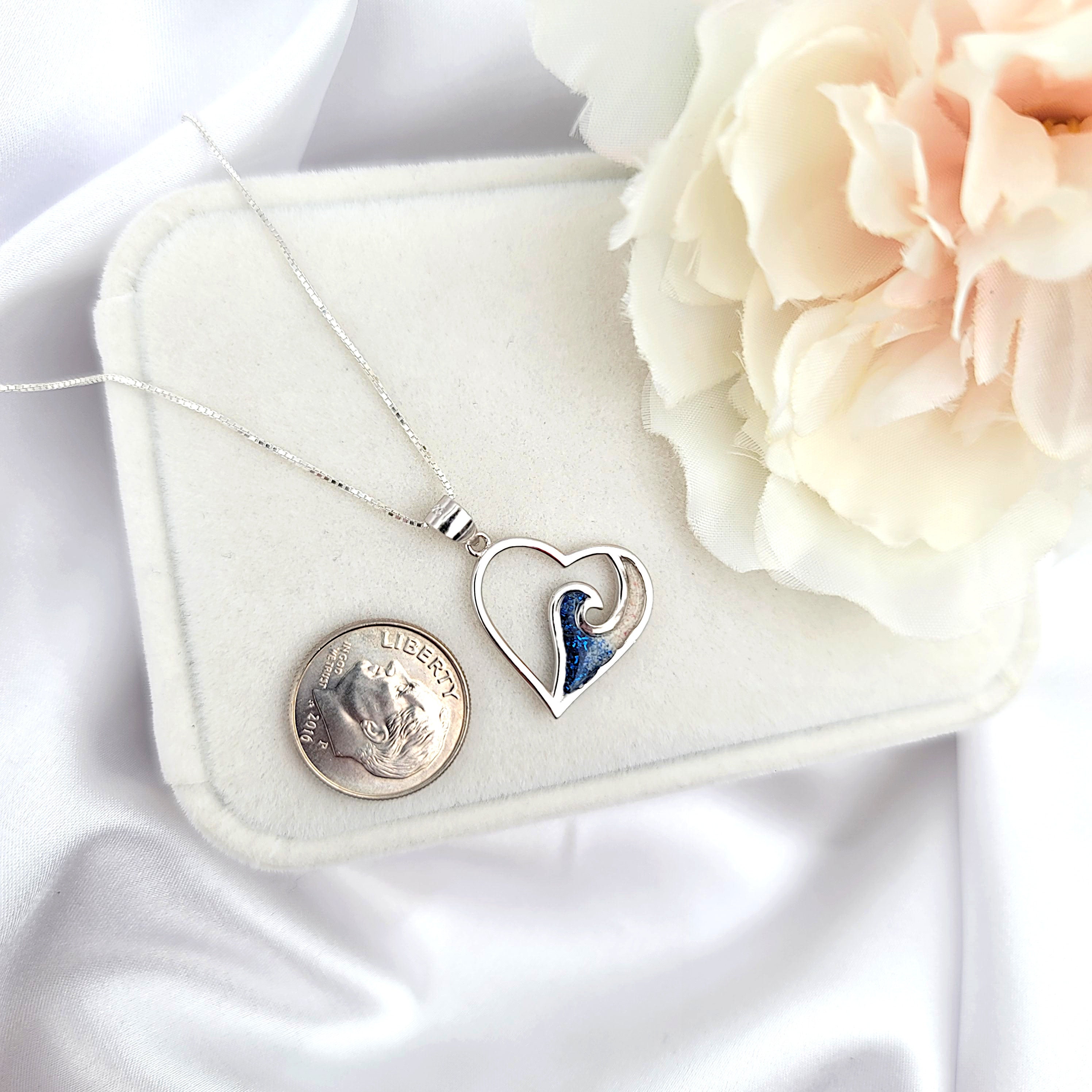 Ocean Wave Necklace, Resin Pendant, Heart Pendant, 925 Sterling SIlver - Thumbnail 3
