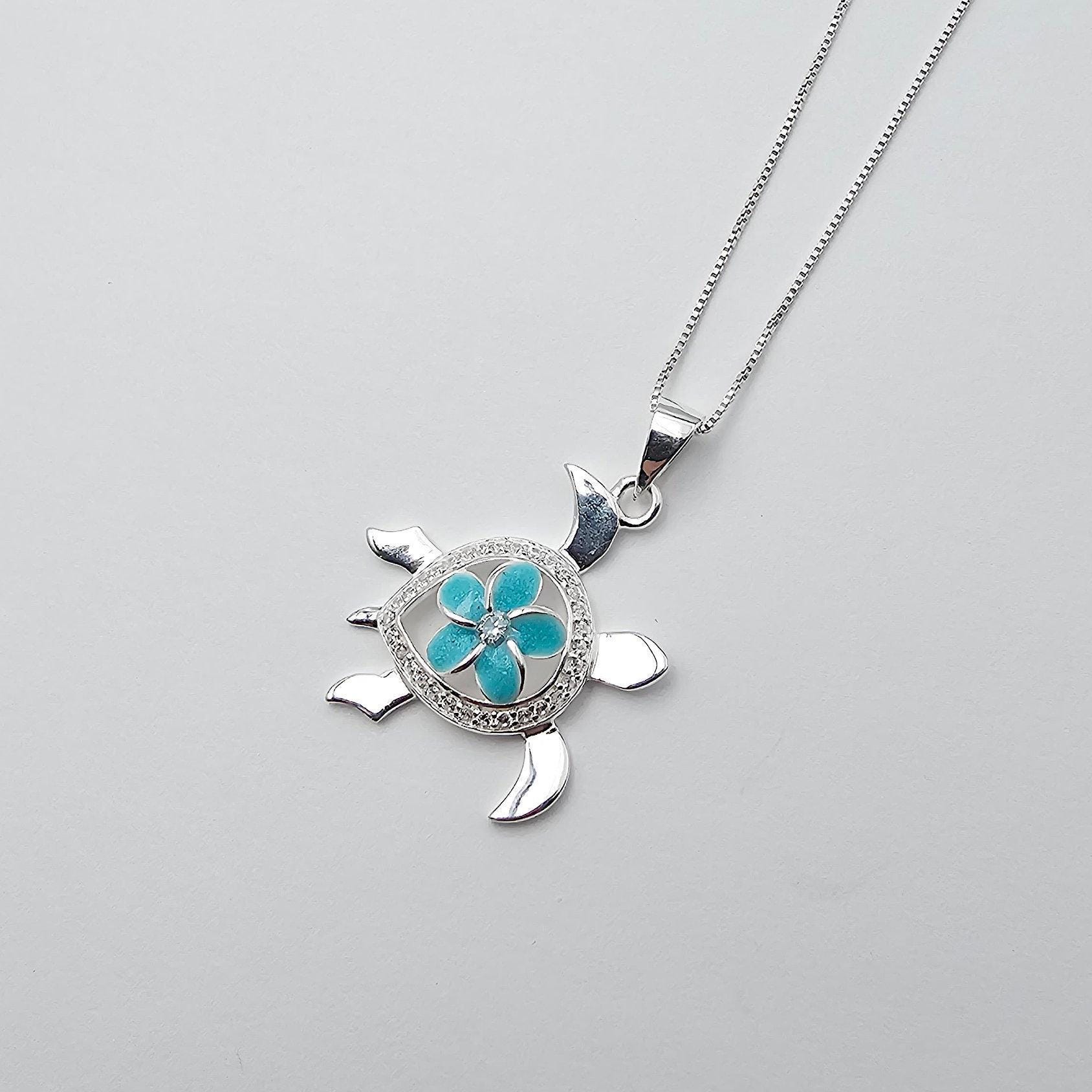 Turquoise Necklace, Sea Turtle Necklace, Flower Jewelry, 925 Sterling Silver - Thumbnail 4