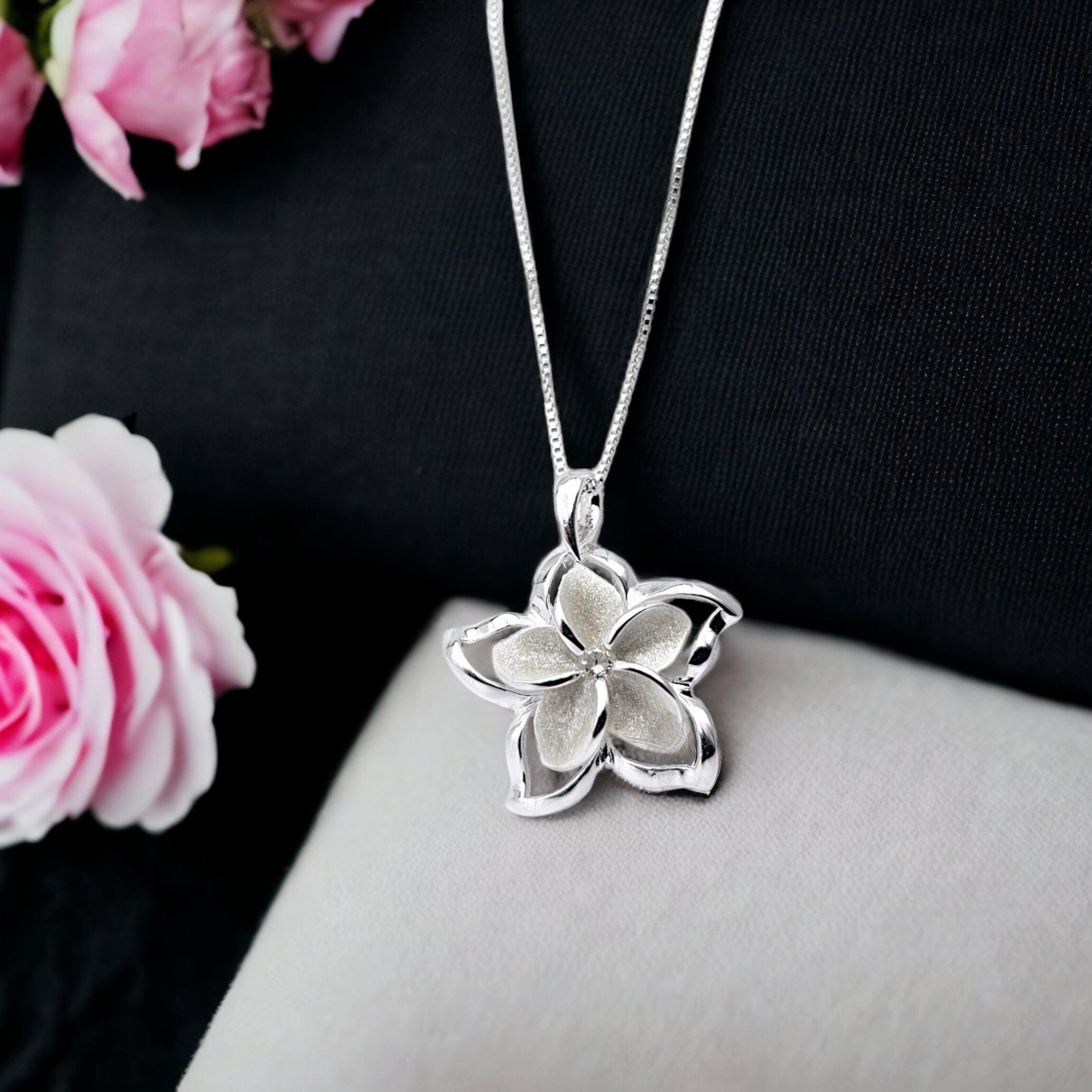Plumeria Necklace, Hawaiian Jewelry, Summer Jewelry, Flower Pendant, 925 sterling silver - Thumbnail 3