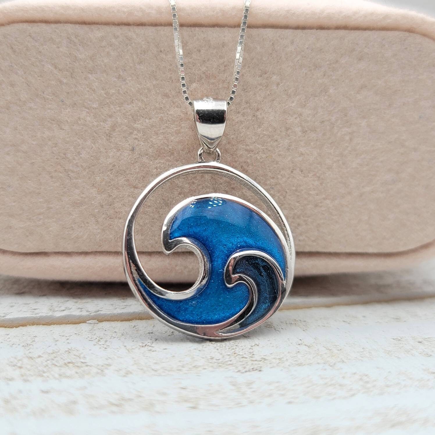 Ocean Wave Necklace Resin Pendant 925 Sterling Silver Beach | Etsy