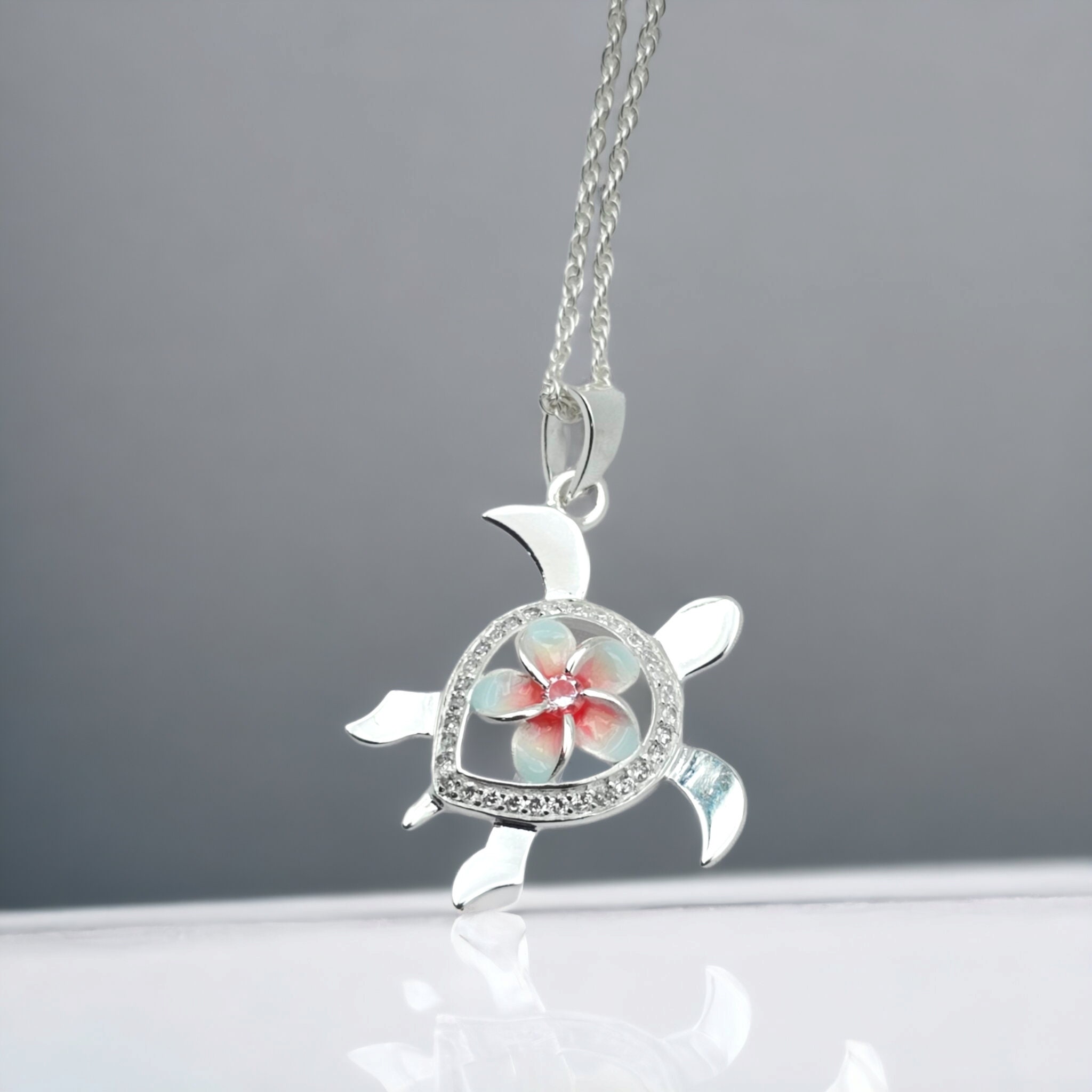 Sea Turtle Necklace, Plumeria Necklace, Hawaiian Necklace, Beach Gifts, 925 Sterling Silver - Thumbnail 2