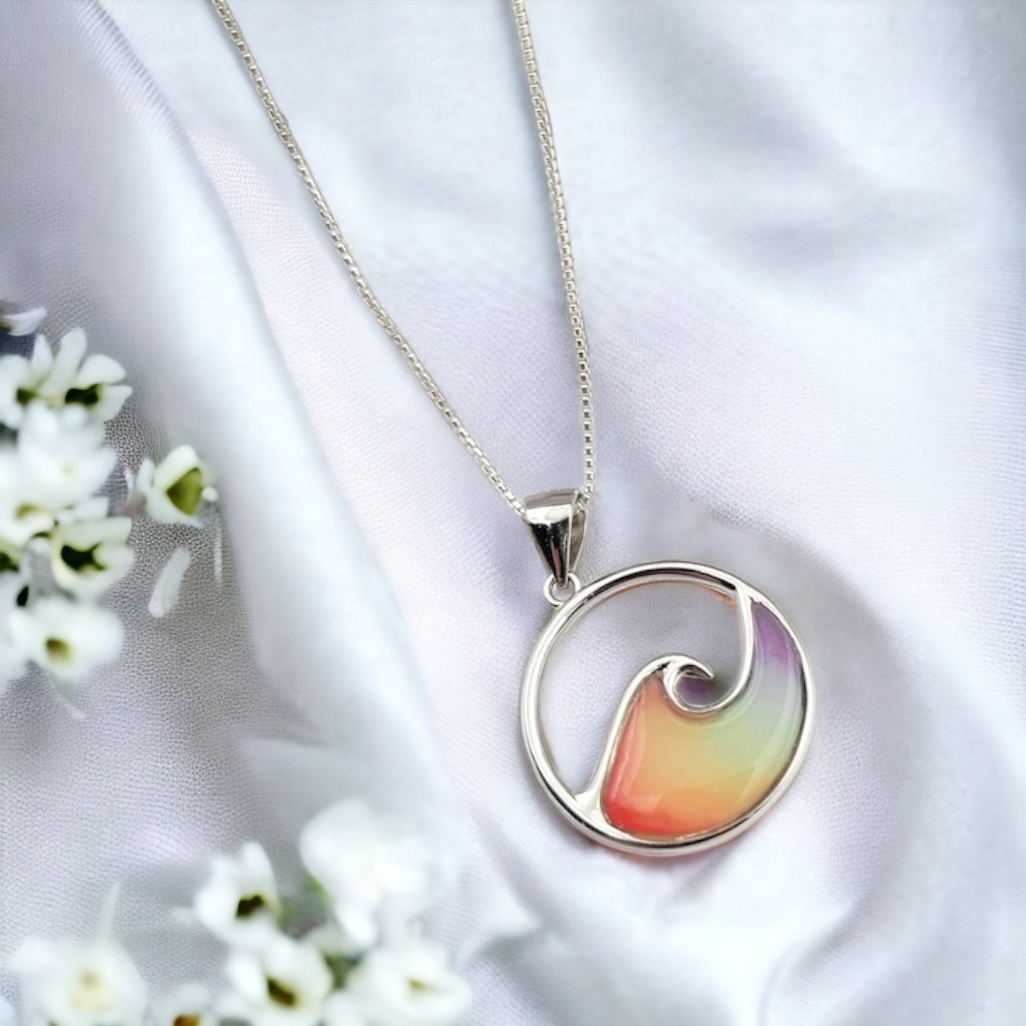 Ocean Wave Necklace,  Rainbow Wave Necklace, Beach Gifts, Hawaiian Jewelry, 925 Sterling SIlver - Thumbnail 2