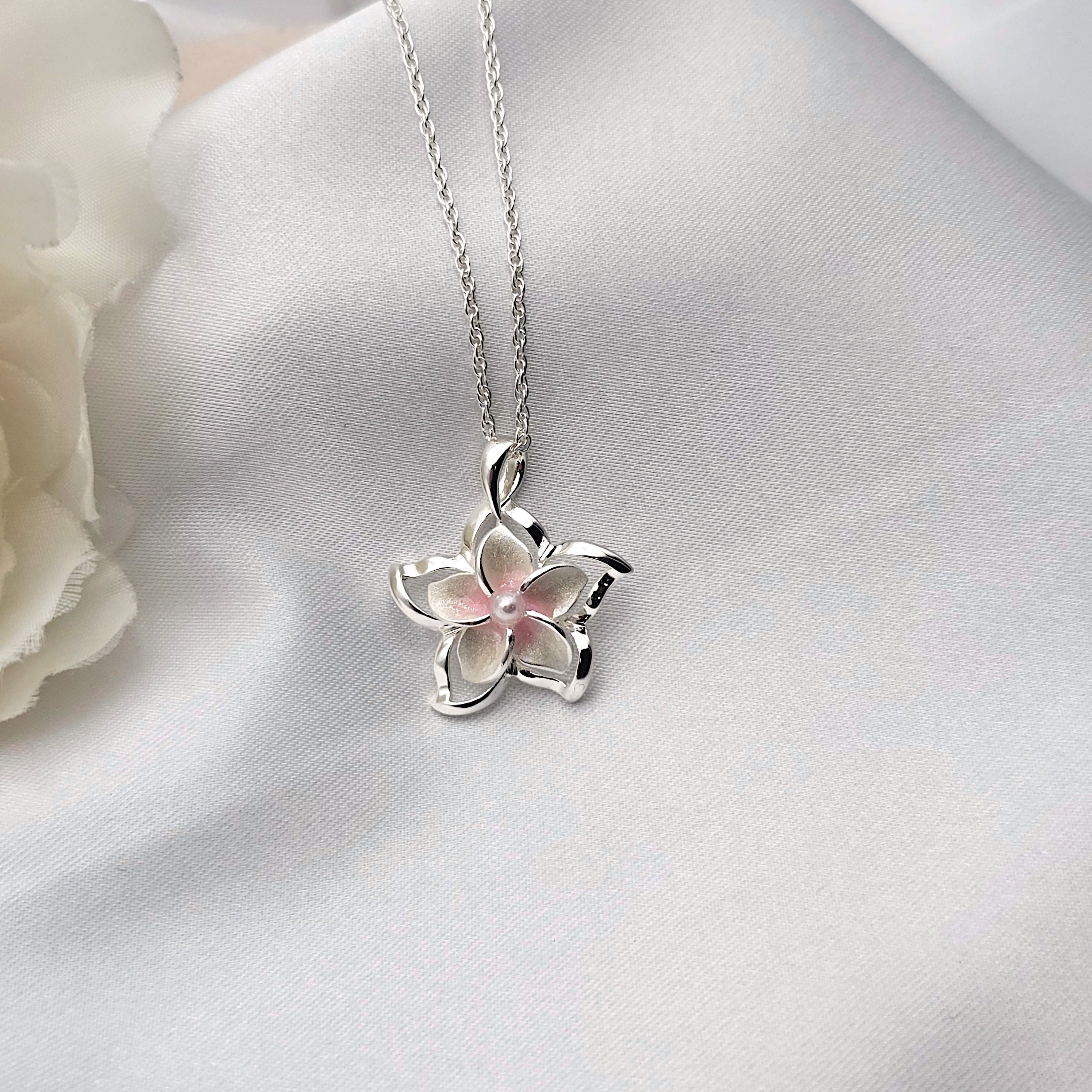 Pink Plumeria Necklace, Hawaiian Jewelry, Flower Jewelry, 925 sterling silver - Thumbnail 6