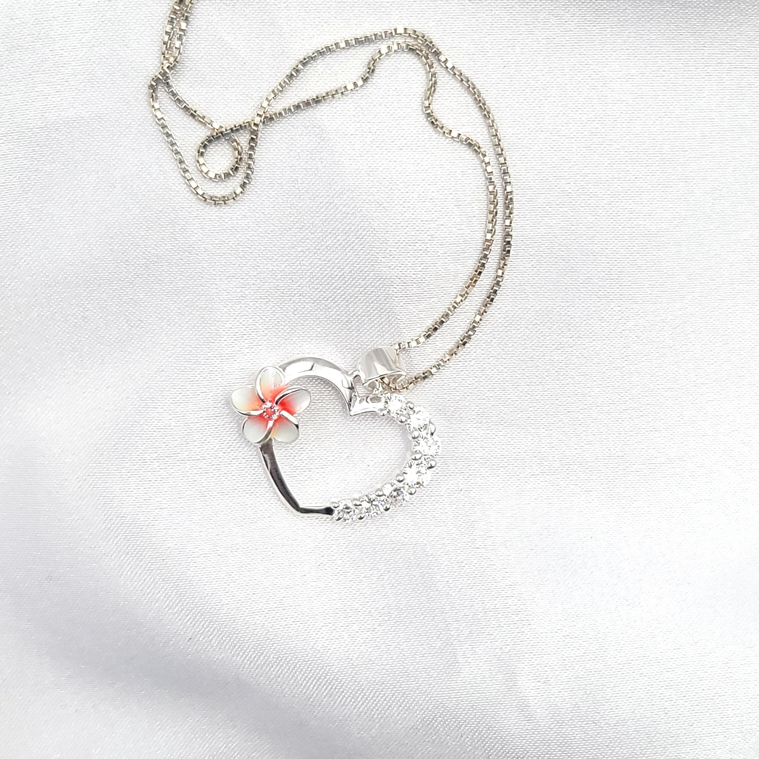 Hawaiian Flower Necklace, Plumeria Necklace, Heart Necklace, Mothers Day Jewelry Gift, Mom Gift, Hawaiian Jewelry, 925 sterling silver - Thumbnail 2
