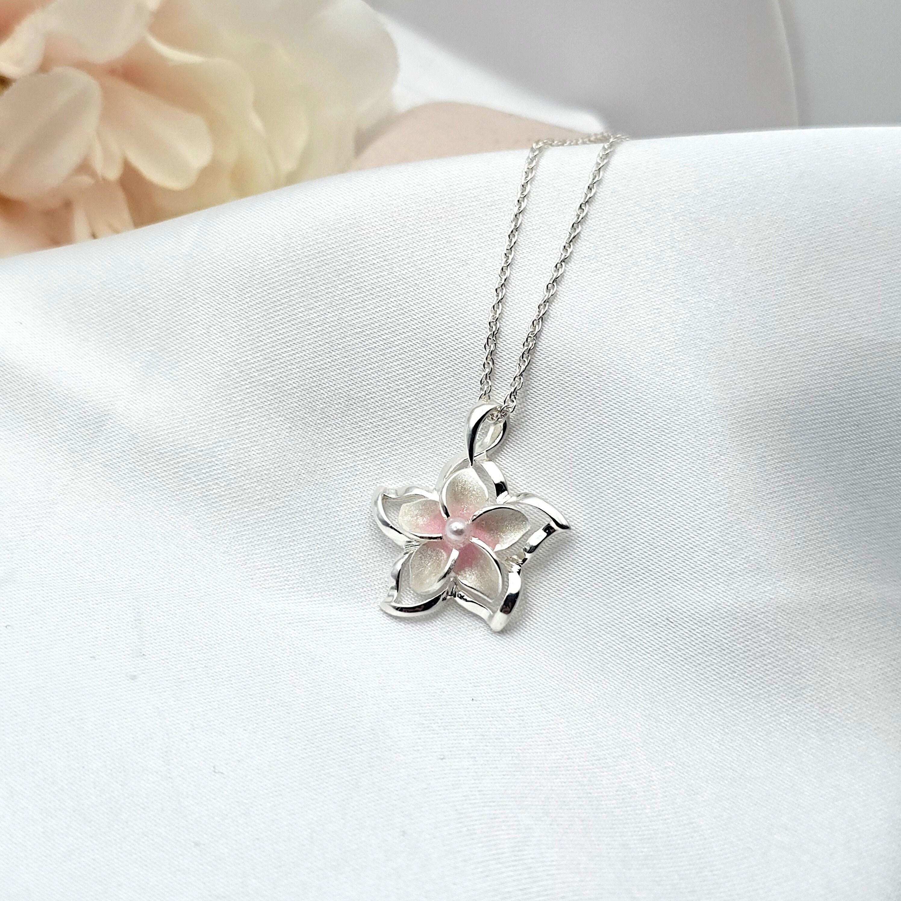 Pink Plumeria Necklace, Hawaiian Jewelry, Flower Jewelry, 925 sterling silver