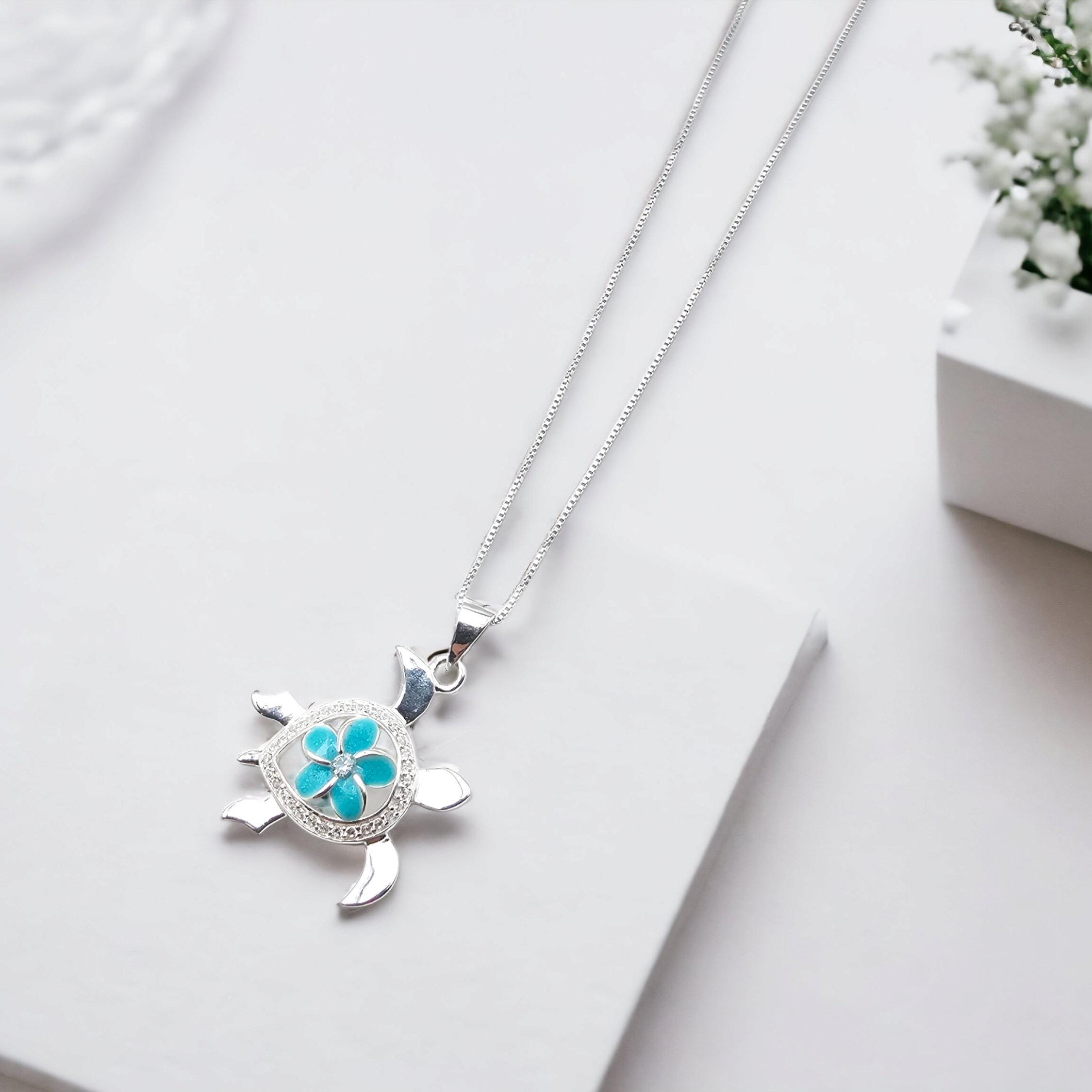 Turquoise Necklace, Sea Turtle Necklace, Flower Jewelry, 925 Sterling Silver - Thumbnail 3