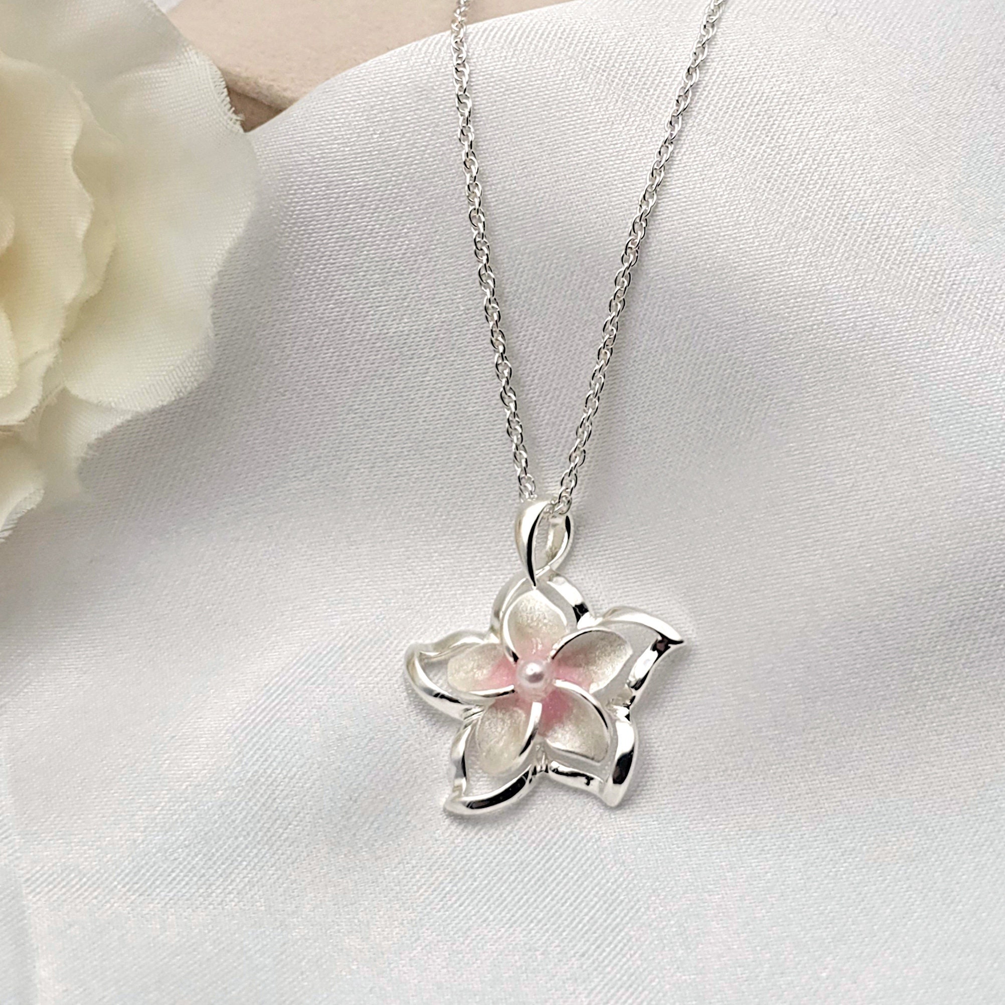 Pink Plumeria Necklace, Hawaiian Jewelry, Flower Jewelry, 925 sterling silver - Thumbnail 3
