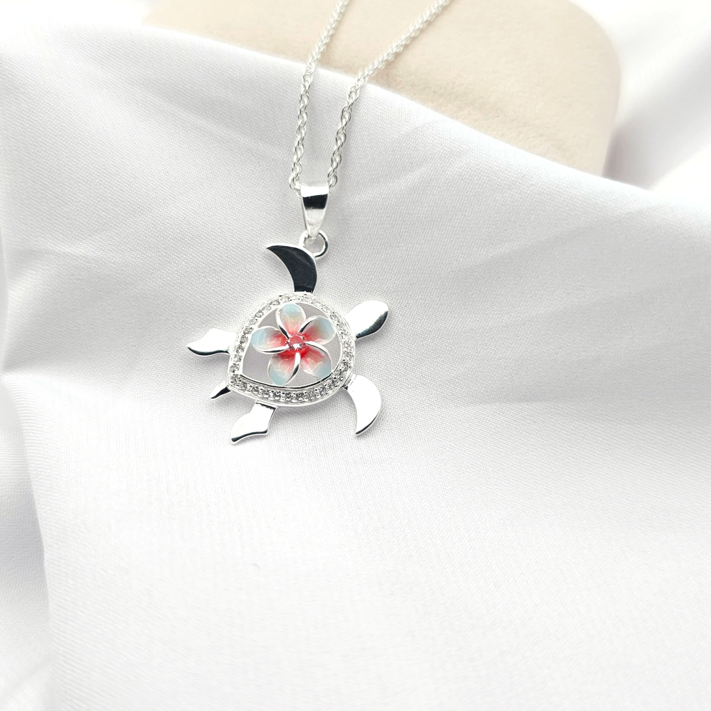 Sea Turtle Necklace, Plumeria Necklace, Hawaiian Necklace, Beach Gifts, 925 Sterling Silver - Image 1