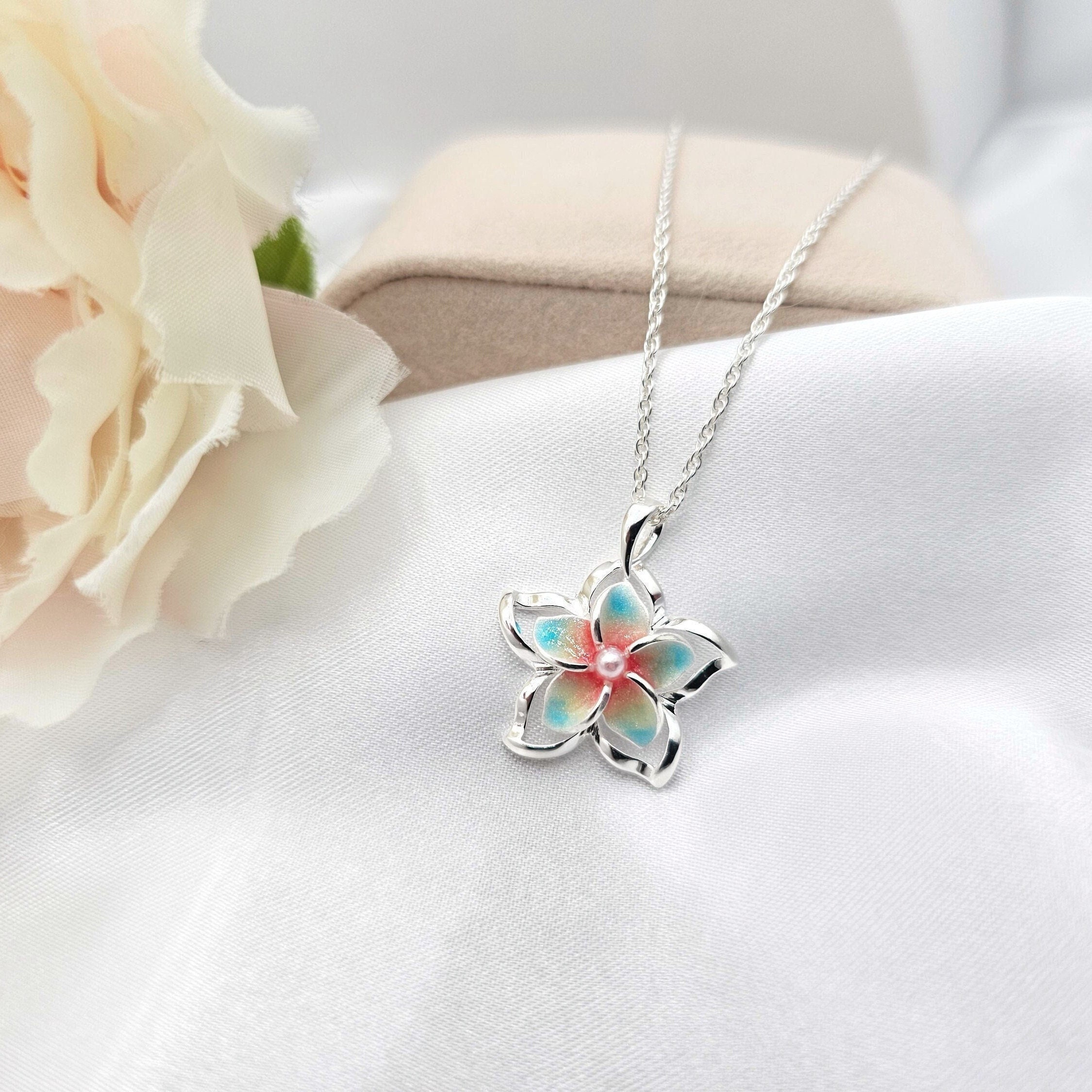 Plumeria Necklace, Hawaiian Jewelry, floral jewelry, 925 sterling silver