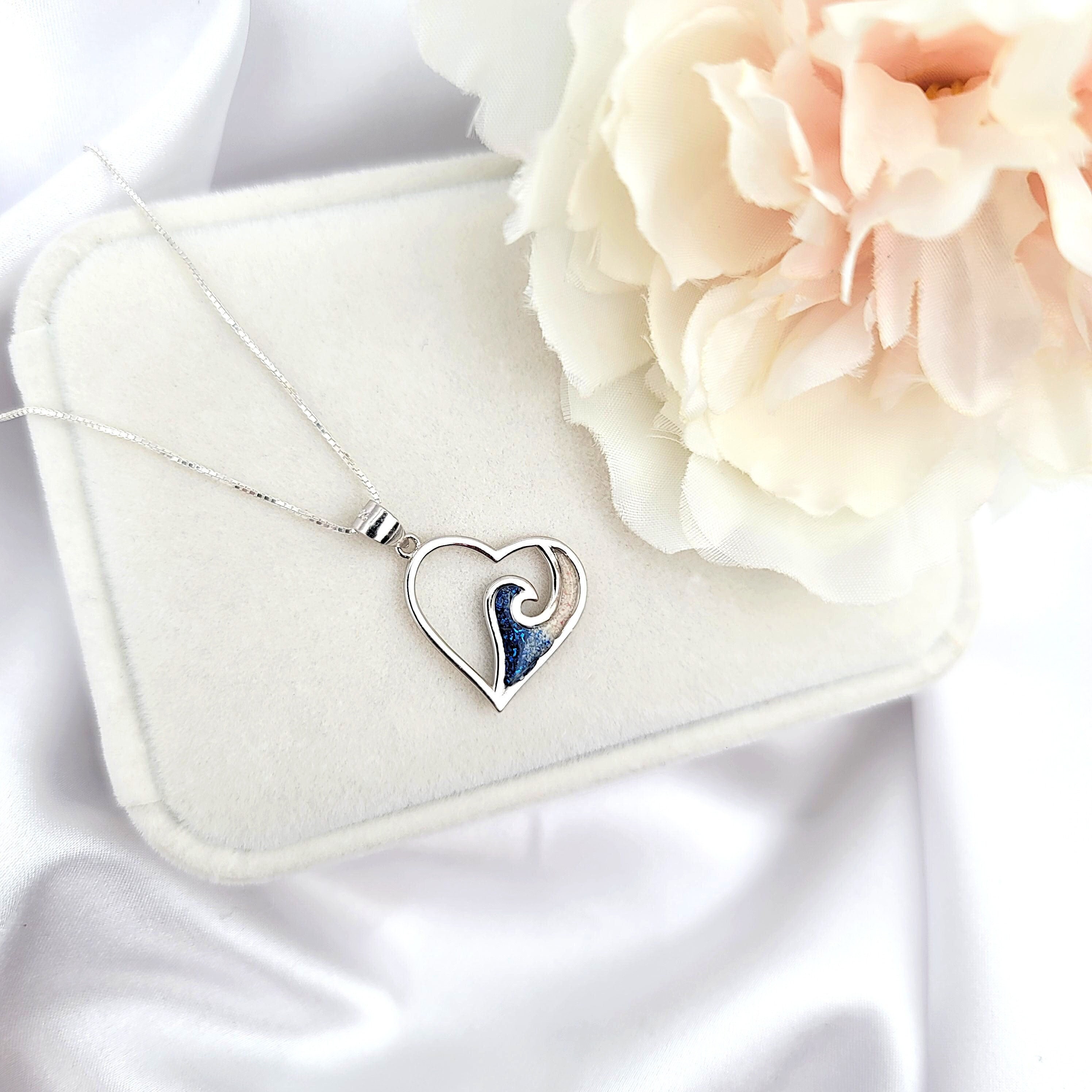 Ocean Wave Necklace, Resin Pendant, Heart Pendant, 925 Sterling SIlver - Thumbnail 2