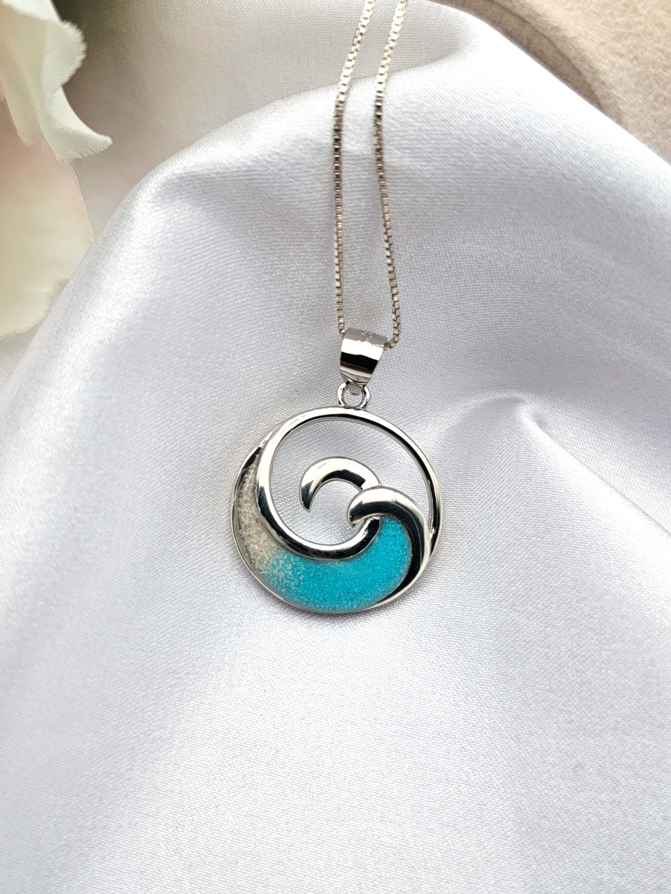 Ocean Wave Necklace, Turquoise Wave Necklace, Beach Jewelry, Beach Gifts, Sand Jewelry, 925 Sterling Silver - Image 1
