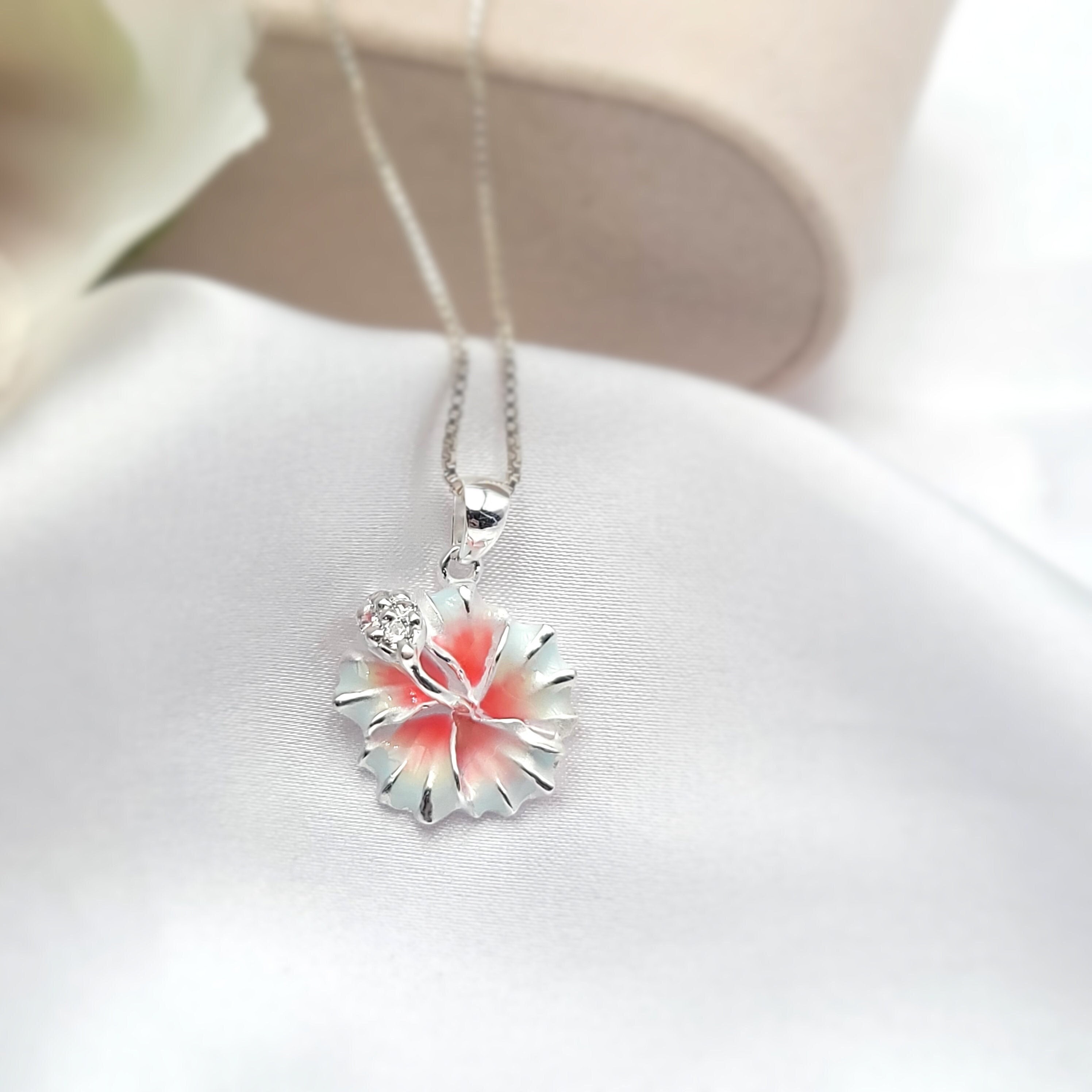 Hibiscus Necklace, Hawaiian Jewelry, Tropical Jewelry, Flower Pendant, 925 sterling silver