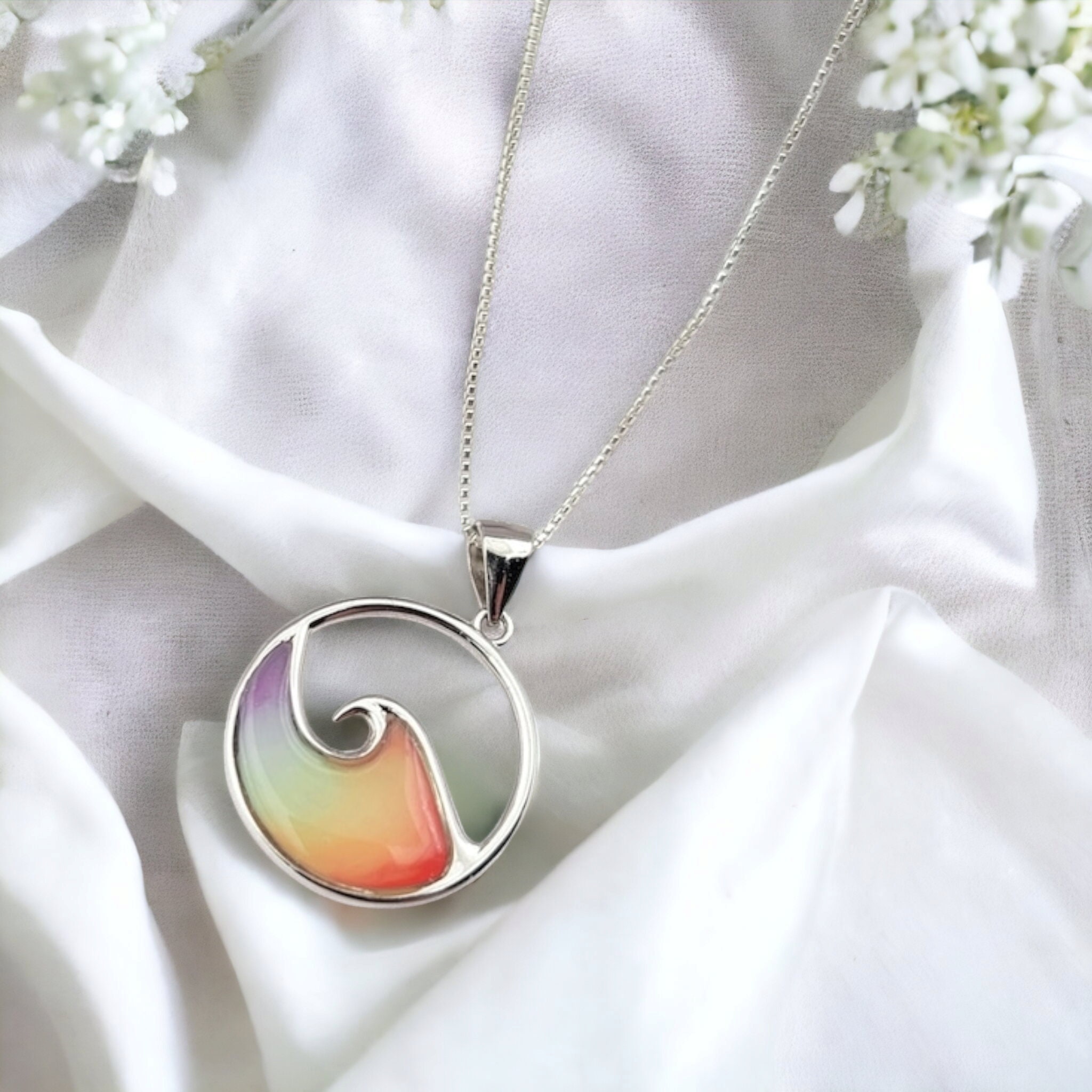 Ocean Wave Necklace,  Rainbow Wave Necklace, Beach Gifts, Hawaiian Jewelry, 925 Sterling SIlver - Thumbnail 5