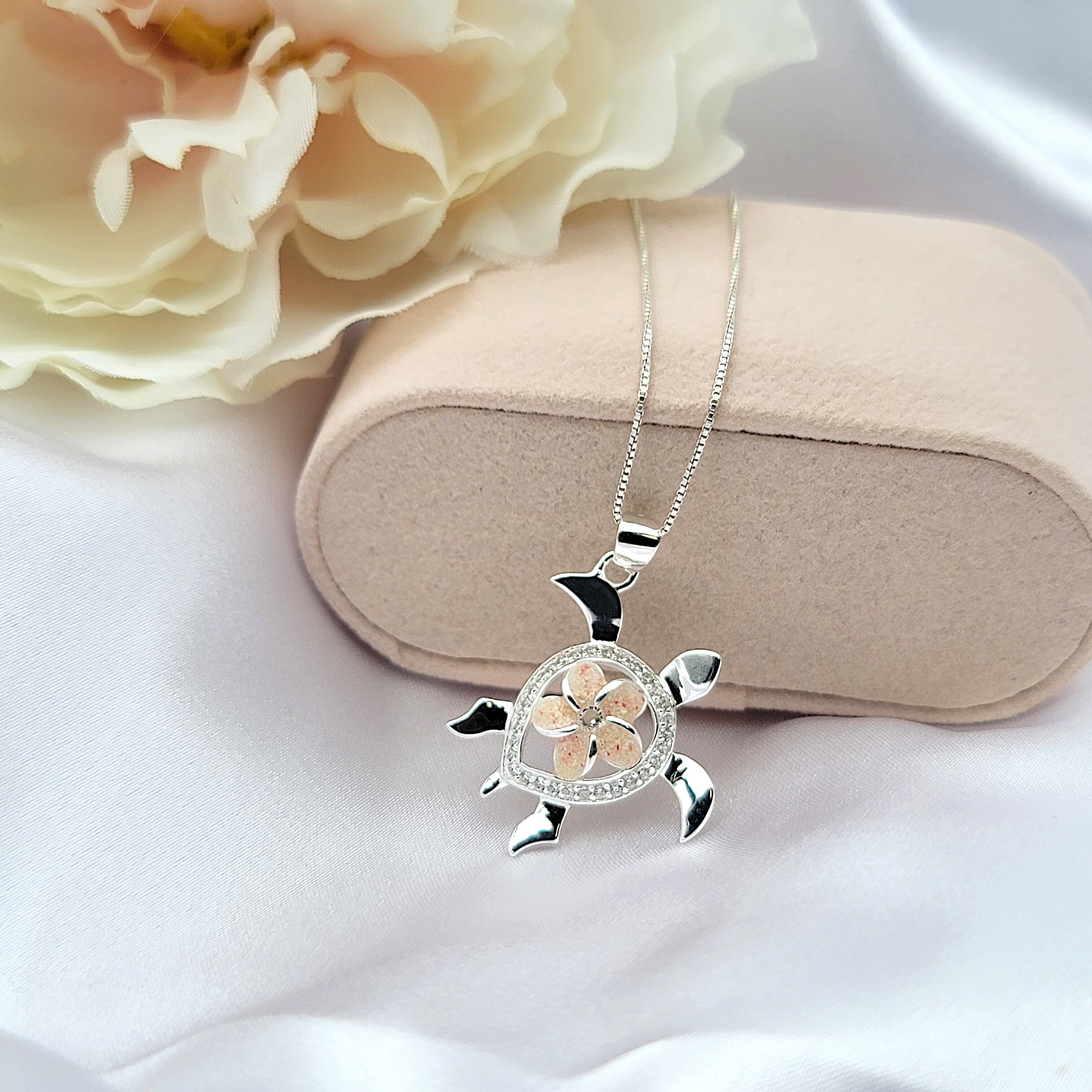 Sea Turtle Necklace, Plumeria Necklace, Honu Jewelry, Beach Gifts, 925 Sterling Silver - Thumbnail 4