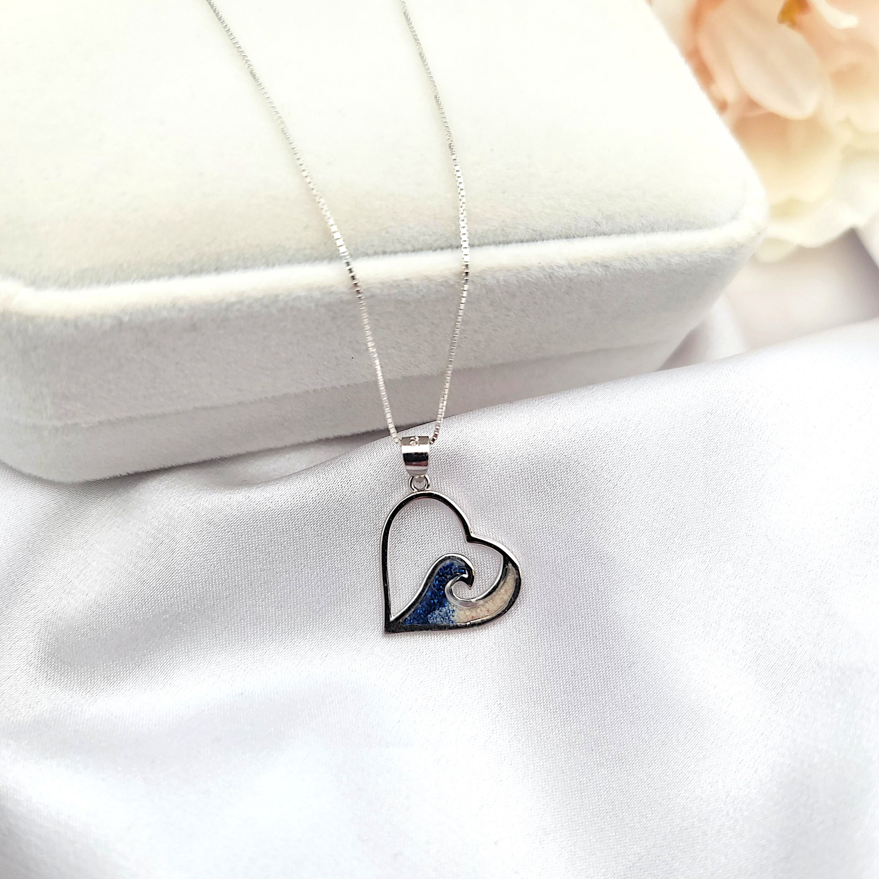 Ocean Wave Necklace, Resin Pendant, Heart Pendant, 925 Sterling SIlver - Image 1