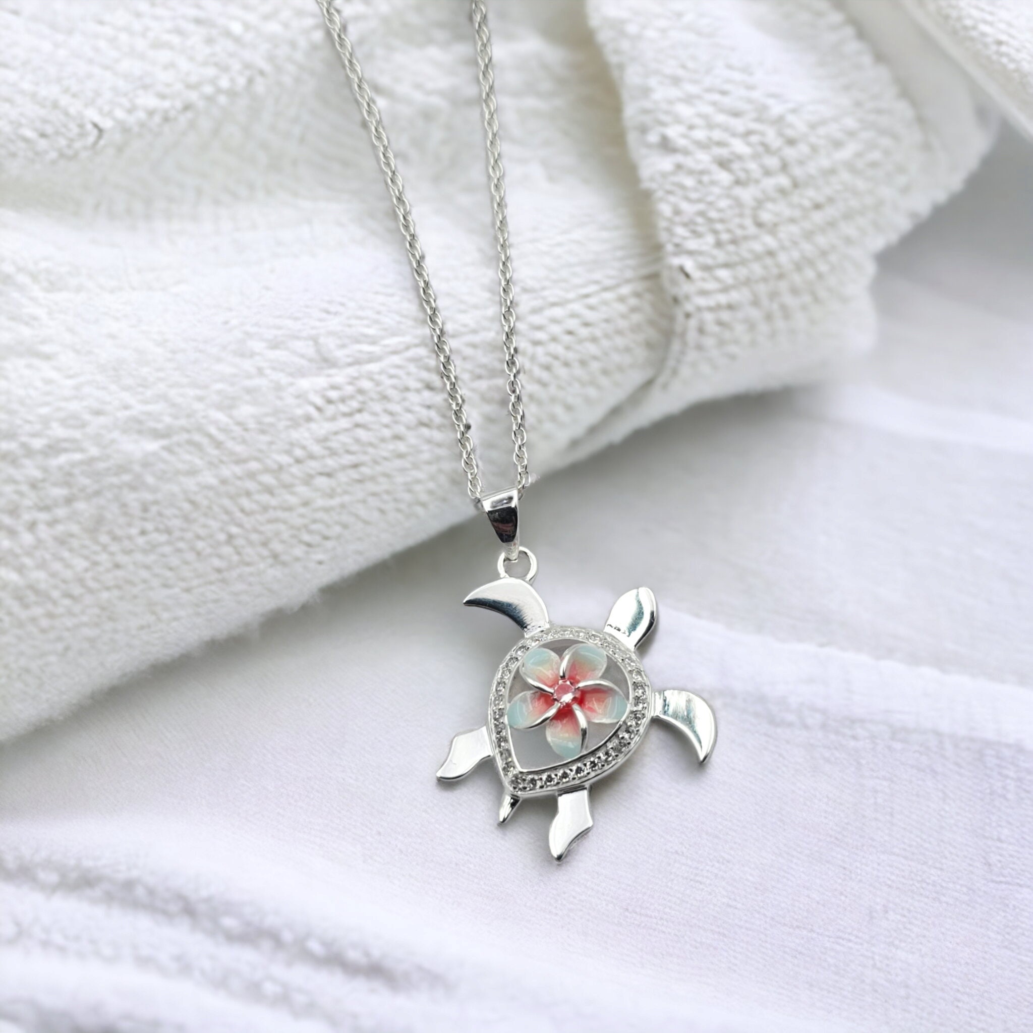 Sea Turtle Necklace, Plumeria Necklace, Hawaiian Necklace, Beach Gifts, 925 Sterling Silver - Thumbnail 7