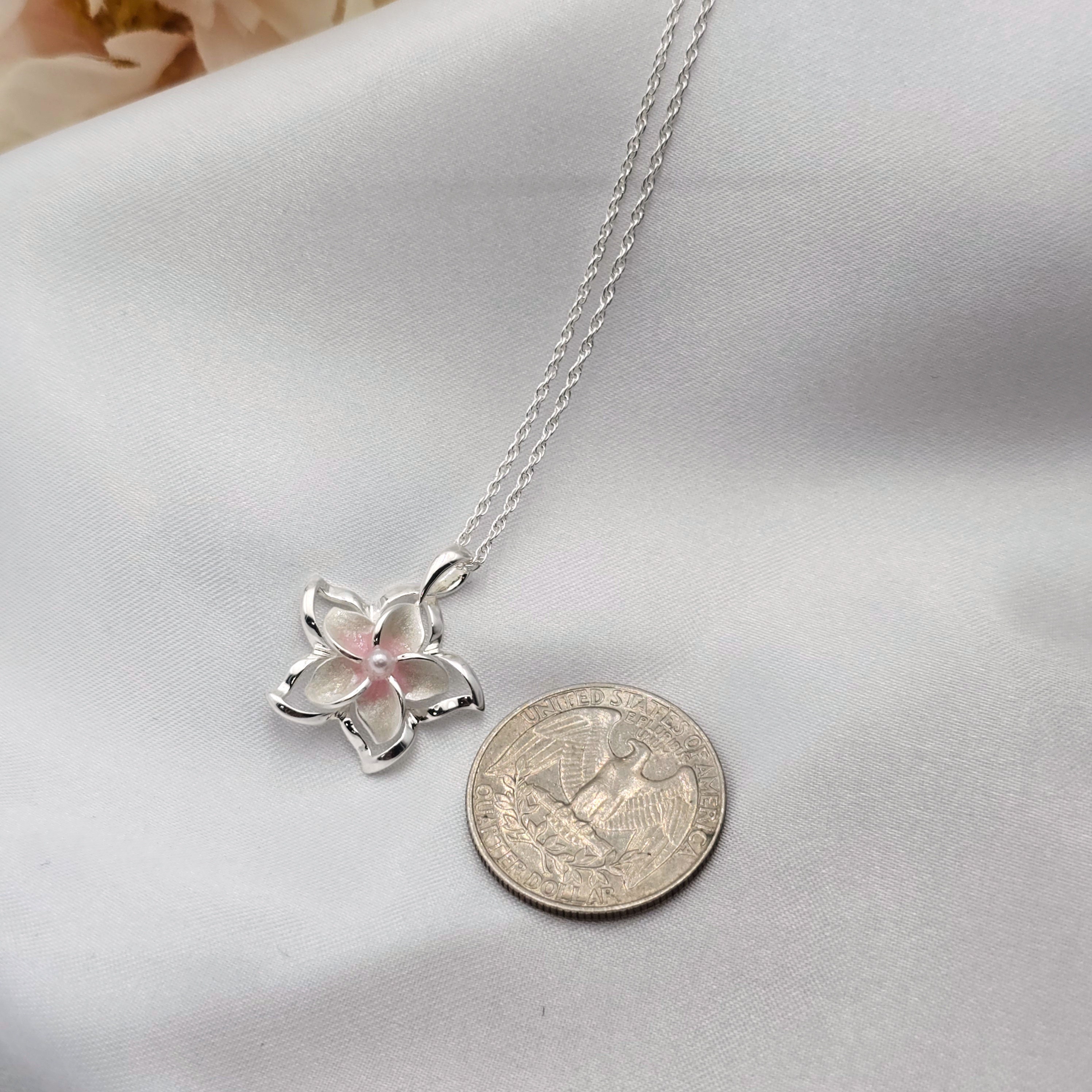 Pink Plumeria Necklace, Hawaiian Jewelry, Flower Jewelry, 925 sterling silver - Thumbnail 4