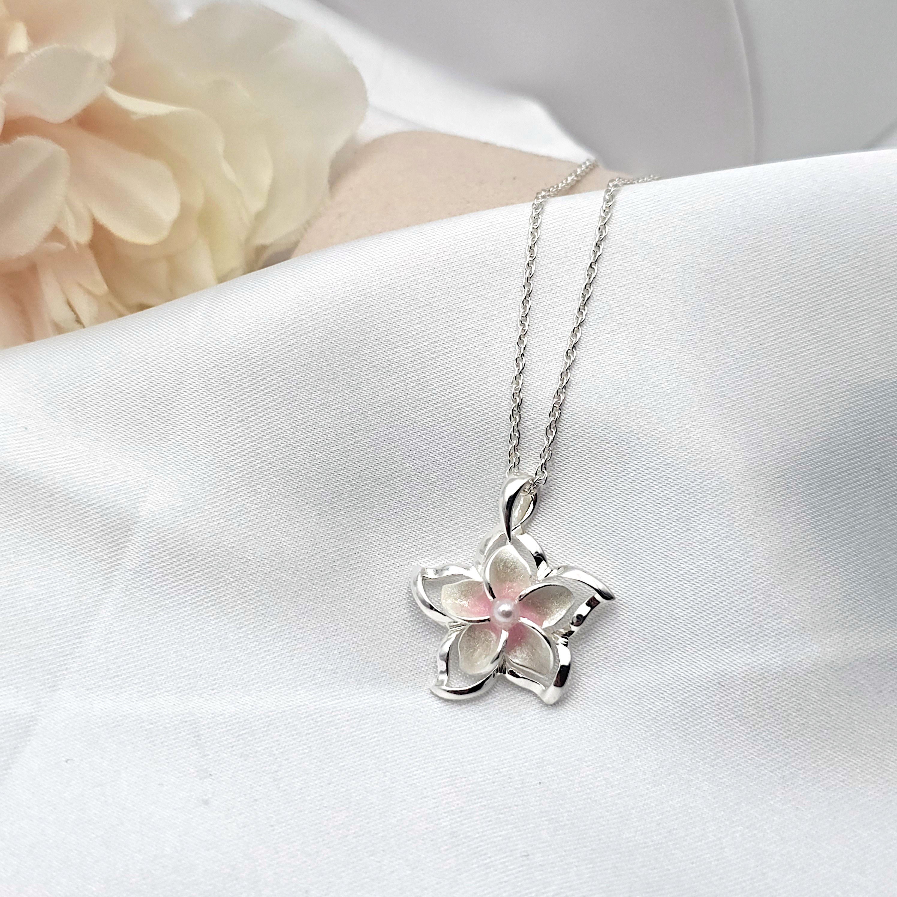 Pink Plumeria Necklace, Hawaiian Jewelry, Flower Jewelry, 925 sterling silver - Thumbnail 5