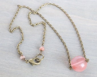 Cherry Quartz Bronze Necklace, Simple Necklace, Dainty Necklace, Pink Necklace, Pendant Necklace, Layering Necklace, Boho Necklace