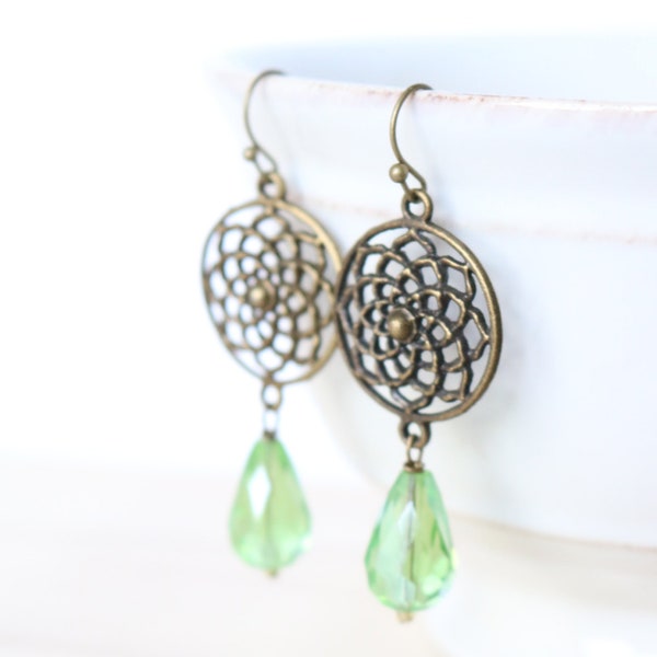 Light Green Medallion Earrings, Bronze Jewelry, Dangle Drop Earrings, Flower Earrings, Boho Earrings, Bohemian Jewelry, Gift for Women