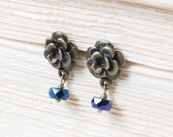 Bronze Rose Stud Earrings, Flower Earrings, Blue Earrings, Drop Earrings, Dangle Earrings, Flower Stud Earrings, Simple Earrings