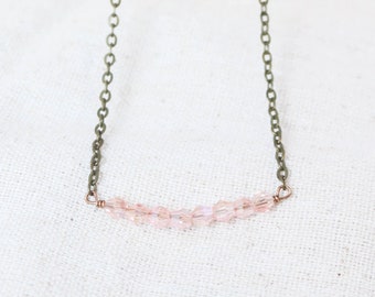 Pink Swarovski Crystal Necklace, Bronze Necklace, Birthstone Necklace, Bronze Jewelry, Pink Jewelry, Vintage Inspired Necklace, Light Pink