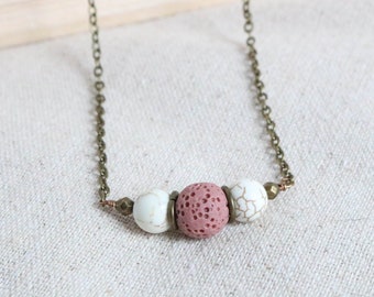 Howlite Lava Diffuser Necklace, Pink Lava Necklace, White Gemstone Necklace, Essential Oil Jewelry, Essential Oil Necklace, Bronze Necklace