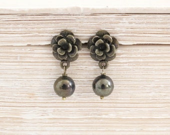 Bronze Rose Earrings, Drop Stud Earrings, Flower Earrings, Dangle Earrings, Floral Earrings, Simple Earrings, Vintage Inspired Earrings