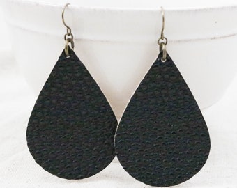Black Suede Earrings, Leather Fabric Earrings, Bronze Earrings, Bronze Jewelry, Statement Earrings, Lightweight Earrings, Teardrop Earrings
