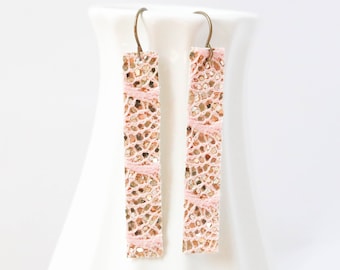 Pink Lace Earrings, Gold Glitter Earrings, Lightweight Earrings, Faux Leather Earrings, Bronze Jewelry, Sparkly Bar Earrings