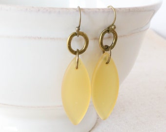 Yellow Sea Glass Earrings, Bronze Earrings, Boho Earrings, Bohemian Jewelry, Womens Fashion, Spring Jewelry, Gift for Her