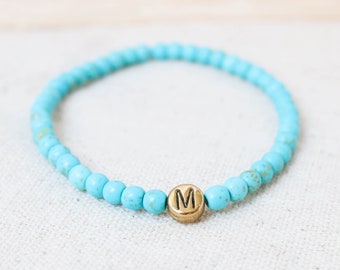 Magnesite Initial Bracelet, Initial M Bracelet, Initial Jewelry, Blue Bracelet, Stretch Bracelet, Everyday Bracelet,Simple Layering Bracelet