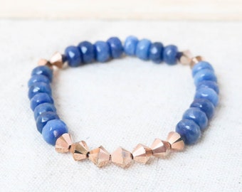 Navy Gemstone Bracelet, Bronze Bracelet, Stretch Bracelet, Layering Bracelet, Blue Bracelet, Gemstone Jewelry, Blue Jewelry, Faceted Beads