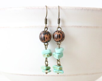 Magnesite Dangle Earrings, Wood Earrings, Gemstone Earrings, Drop Earrings, Bronze Earrings, Turquoise Earrings, Blue Boho Jewelry,