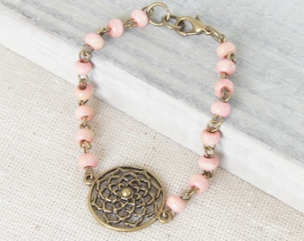 Pink Wood Bracelet, Light Pink Bracelet, Flower Bracelet, Bronze Bracelet, Boho Jewelry, Medallion Bracelet, Bracelets for Women