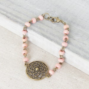 Pink Wood Bracelet, Light Pink Bracelet, Flower Bracelet, Bronze Bracelet, Boho Jewelry, Medallion Bracelet, Bracelets for Women image 1